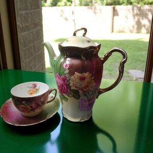 VTG Lefton China Floral Teapot and Teacup Set with Gold Accents